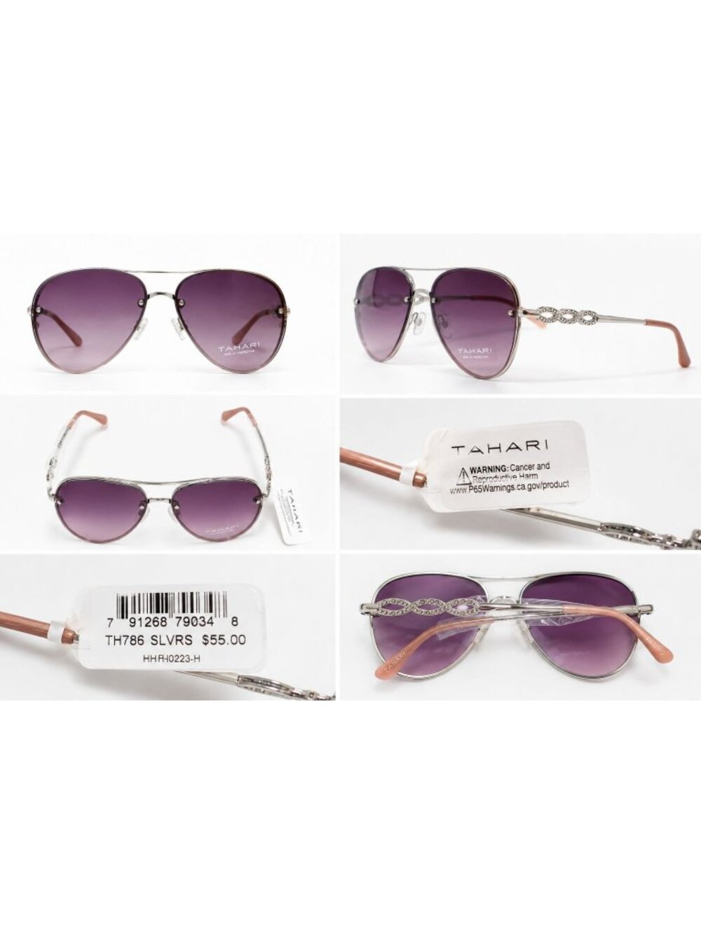 Tahari Women's Aviator Sunglasses Silver Purple Gradient Rhinestone Temple NWT U - Picture 1 of 1
